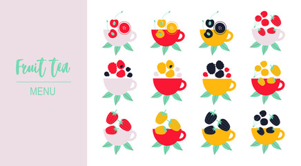 Fruit tea, Flat vector icon. Abstract Fruit and tea in mug. Drink lover concept. Logo for Fruit tea or delivery. Hand drawn elements for menu design, vector colorful illustration collection. EPS 10.