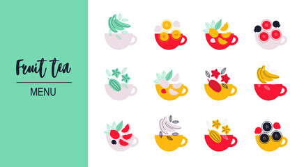 Fruit tea, Flat vector icon. Abstract Fruit and tea in mug. Drink lover concept. Logo for Fruit tea or delivery. Hand drawn elements for menu design, vector colorful illustration collection. EPS 10.