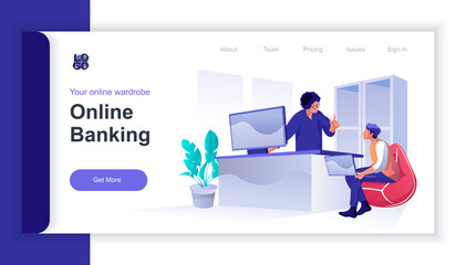 Online banking concept 3d isometric web banner with people scene. Woman advising client making financial transactions and online payments. Vector illustration for landing page and web template design