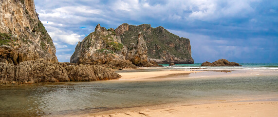 Fototapeta na wymiar Coastline and Cliffs, Beach of La Franca, Protrected Landscape of the Oriental Coast of Asturias, La Franca, Ribadeveva, Asturias, Spain, Europe