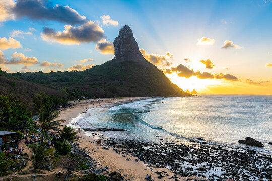 Praia da Conceicao at sunset with Morro do Pico, Fernando de Noronha, UNESCO World Heritage Site, Brazil