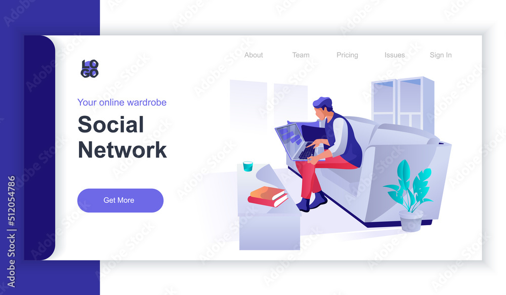 Aufkleber Social network concept 3d isometric web banner with people scene. Man communicates online, chatting with friends and browsing using laptop. Vector illustration for landing page and web template design