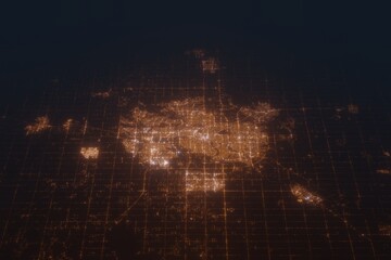 Aerial shot on Edmonton (Canada) at night, view from east. Imitation of satellite view on modern city with street lights and glow effect. 3d render