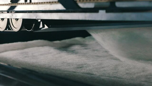 Factory for the production of synthetic winterizer. Syntepon manufacturing process. Production of non-cane materials close-up.