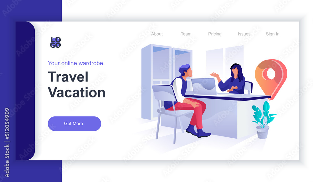Poster travel vacation concept 3d isometric web banner with people scene. man chooses tour for trip and con