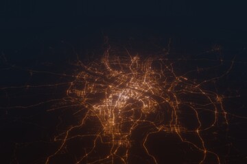 Aerial shot on Wuhan (China) at night, view from east. Imitation of satellite view on modern city with street lights and glow effect. 3d render