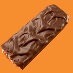 Delicious chocolate coated snack bar with caramel and peanut. 3d illustration. 