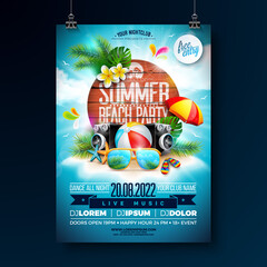 Naklejka premium Summer Beach Party Flyer Design with Sunglasses and Speaker on Sandy Tropical Island and Typography Lettering on Vintage Wood Board Background. Vector Summer Holiday Illustration with Exotic Palm