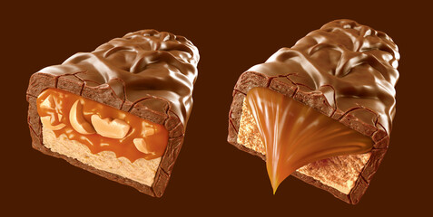 Delicious chocolate coated snack bar with caramel and peanut. 3d illustration.  - obrazy, fototapety, plakaty