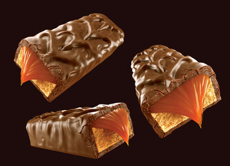 Delicious chocolate coated snack bar with caramel and peanut. 3d illustration. 