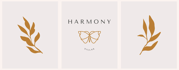 Vector butterfly abstract modern logo design templates in trendy linear style in golden colors - luxury and jewelry concepts for exclusive services and products, beauty and spa industry