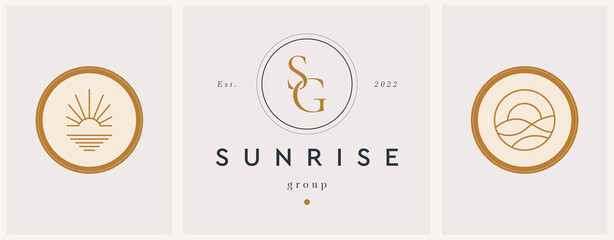 Abstract summer logo template with dawn and S G monogram. Modern minimal set of linear icons and emblems for social media, rental and travel services.