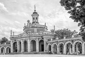 Royal Church of San Antonio in the city of Aranjuez. Front view. Black and white.