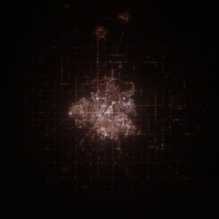 Saskatoon (Canada) street lights map. Satellite view on modern city at night. Imitation of aerial view on roads network from space. 3d render with glow effect