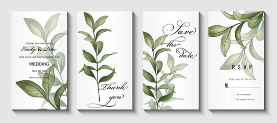 Fototapeta na wymiar Wedding invitation with leaves eucalyptus, watercolor, isolated on white. Vector Watercolor.