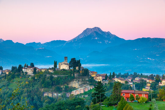 Panoramic view of Barga and La Pania della Croce, Tuscany, Italy