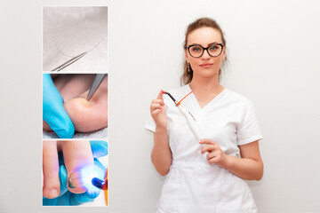 Podologist woman with a pedicure tool in her hands.Three pictures on the left showing the...