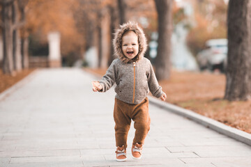 Cute baby girl 1-2 year old wear jacket with hood and pants walk in autumn park over fallen leaves and nature outdoors. Fall season. Childhood. Happy little child making first steps. - Powered by Adobe
