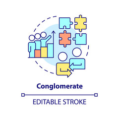 Conglomerate business merger concept icon. Different areas integration. Merger type abstract idea thin line illustration. Isolated outline drawing. Editable stroke. Arial, Myriad Pro-Bold fonts used