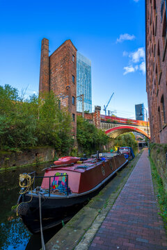 Manchester Canal with barges at Castlefield, Manchester, Lancashire, England