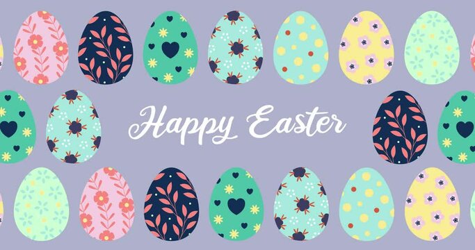 Joyeuses P&acirc;ques. Carte de v&oelig;ux anim&eacute;e simple avec des &oelig;ufs de P&acirc;ques d&eacute;cor&eacute;s et color&eacute;s. Fond pastel avec du texte en anglais.