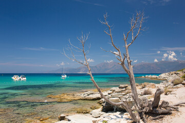View across turquoise water to Cap Corse from rocky coastline near the Plage du Loto, St-Florent, Haute-Corse