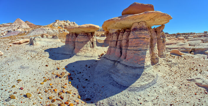 Three hoodoos in a triangular formation in Devil's Playground called the Unholy Trinity, Petrified Forest National Park, Arizona