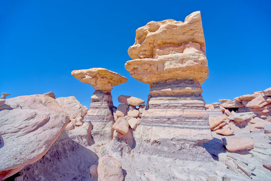 Towering pillars of rock in Devil's Playground at Petrified Forest National Park, Arizona