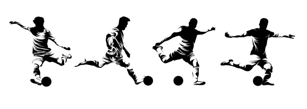 Vector set silhouettes of Soccer player kicking ball, abstract isolated vector silhouette, footballer logo