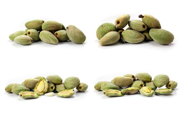 composite of fresh organic almonds isolated on white background