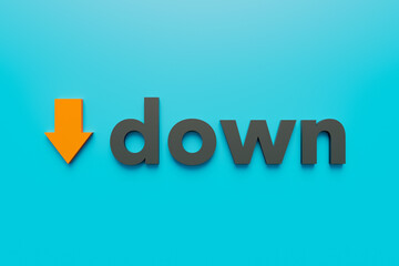 Down sign. Orange arrow, blue background. Direction, low, descend, below, downward and deep. 3D illustration