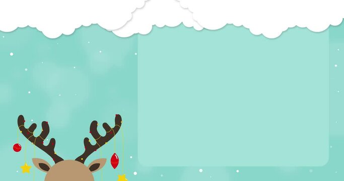 Petit renne de no&euml;l. Carte de v&oelig;ux de no&euml;l mignonne. Animation vectorielle avec fond bleu et emplacement personnalisable pour mettre votre propre texte. Joyeux No&euml;l et bonne ann&eacute;e