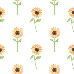 Watercolor sunflowers seamless pattern. Floral background. Yellow farm flowers. For print, textile, wallpaper, scrapbooking, paper.
