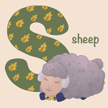 A small sheep sleeps near the capital letter S. Alphabet cards for kids. Educational preschool learning ABC card with animal and letter cartoon illustration. 