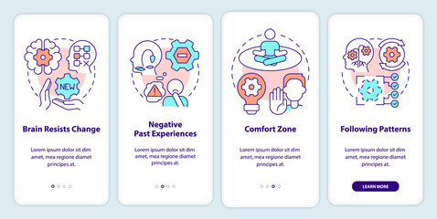 Why we resist change onboarding mobile app screen. Inflexibility walkthrough 4 steps editable graphic instructions with linear concepts. UI, UX, GUI template. Myriad Pro-Bold, Regular fonts used