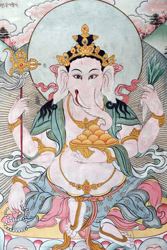 Ganesh (Ganapati), elephant-headed Hindu god, wall painting, Pema Osel Ling Monastery, Dakshinkali, Kathmandu, Nepal