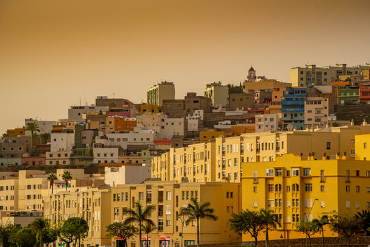 View of colourful houses at sunset in Galdar, Las Palmas, Gran Canaria, Canary Islands, Atlantic