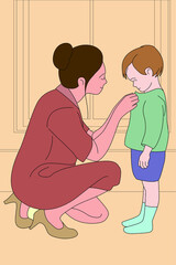 An illustration of a mother buttoning her child's clothes