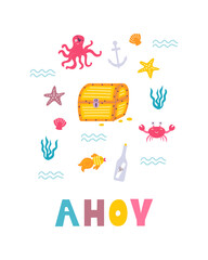 Fototapeta premium Funny childrens pirate print. A treasure chest, sea dwellers, with hand lettering in flat hand drawn style. Design for the design of postcards, posters, invitations and textiles