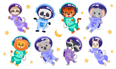 Animals astronauts in suits. Space team with different cute animals tiger panda lion koala alpaca sloth and elephant for children print design. Vector Cartoon illustration for kids
