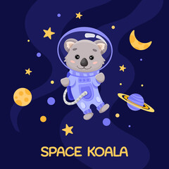 Koala Astronaut in space suit for birthday party flyer, kids print texture and baby shower. Cute animal with planets moon stars in open space. Vector Cartoon illustration