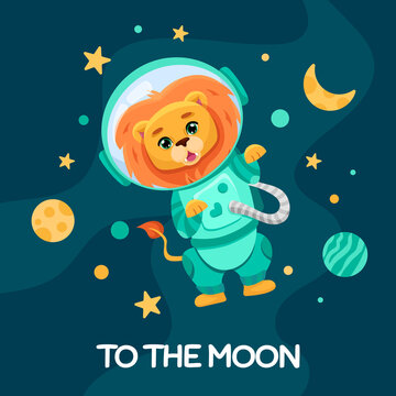Lion Astronaut in space suit for birthday party flyer, kids print texture and baby shower. Cute animal with planets moon stars in open space. Vector Cartoon illustration