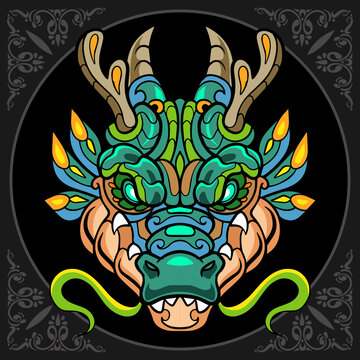 Colorful Dragon head zentangle arts, isolated on black background