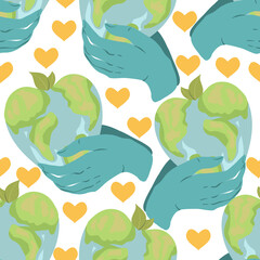 Fototapeta na wymiar Ecology. Earth Day. Vector illustration. Seamless Pattern. Light background, wallpaper. Hands holding planet earth.