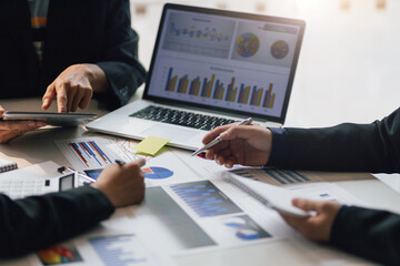 Business meeting, brainstorm, analyze growth strategies, marketing and business investment planning. Financial planning and accounting concepts.