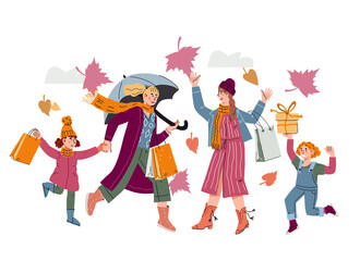 Obraz na płótnie Canvas Women and children at the autumn sale of goods, flat vector illustration isolated on white background. A group of happy shoppers taking part in the autumn or fall seasonal sale.