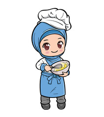Cute female muslim chef beating eggs with an egg whisk