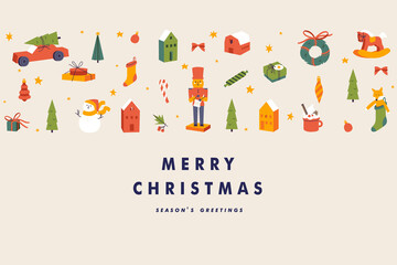 Vector Christmas greeting card or party invitation poster. Xmas backgrounds with traditional decorations.