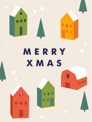 Vector Christmas greeting card with scandinavian houses and trees. Xmas background.