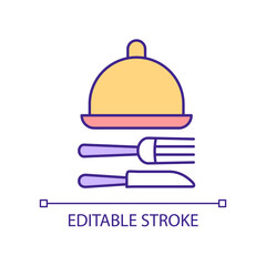 Eating utensils and serveware RGB color icon. Food cover and tray. Knife, fork. Cutlery for restaurant. Isolated vector illustration. Simple filled line drawing. Editable stroke. Arial font used